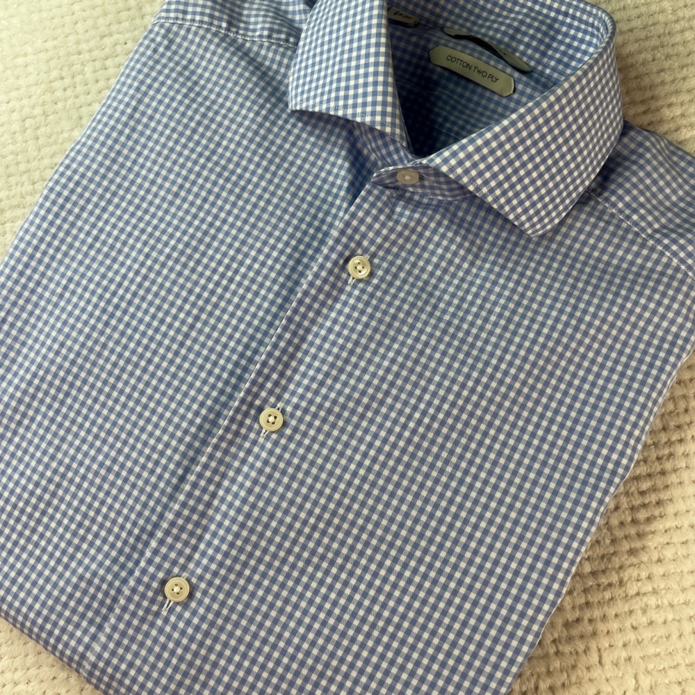 Suitsupply Mens Blue Gingham Check Two Ply Cotton Dress Shirt 15.5 39